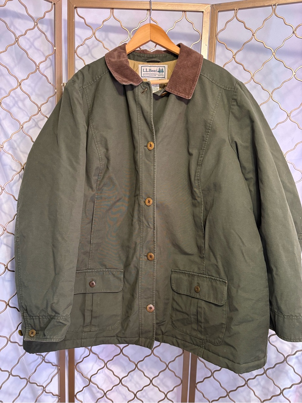 L.L. Bean Olive Green Barn Jacket Coat with Brown Corduroy Collar LIKE NEW Sz 3X